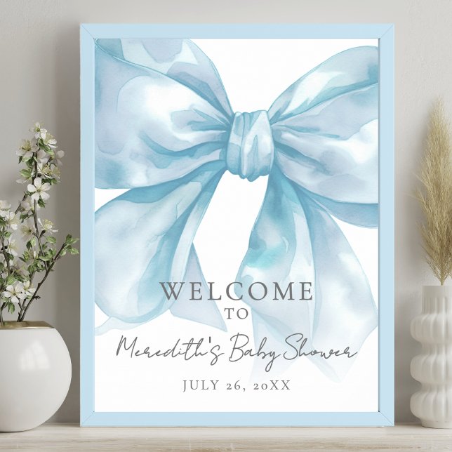 Blauer Bogen Babyparty Willkommensschild Poster (Blue Bow Baby Shower Welcome Sign)