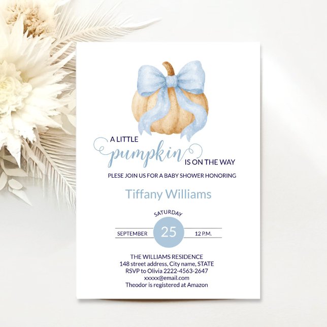 Blauer Bogen Kürbis Babydusche minimalistisch Einladung (Minimalistic Little Pumpkin Baby Shower Invitation Boy | Blue Bow Fall Theme)