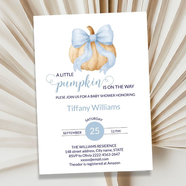 Blauer Bogen Kürbis Babydusche minimalistisch Einladung (Minimalistic Little Pumpkin Baby Shower Invitation Boy | Blue Bow Fall Theme)