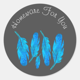 Blauer Boho Federn blau und grau Runder Aufkleber