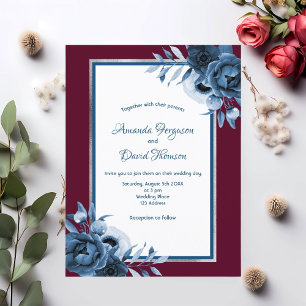 Blauer Bordeaux-Silberfloral Einladung zur Hochzei Postkarte