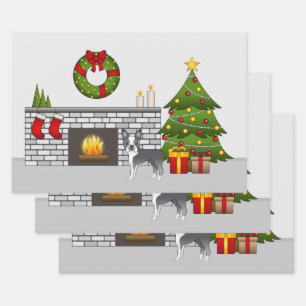 Blauer Boston Terrier in einem festlichen Weihnach Geschenkpapier Set