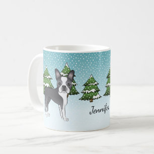Blauer Boston Terrier in einem Winterwald & Name Kaffeetasse