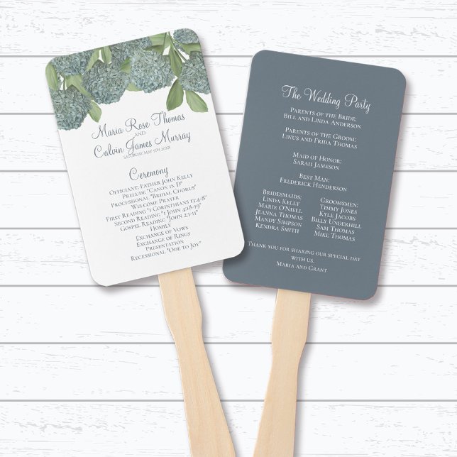 Blauer botanischer Garten Hochzeit Fächer (Blue hydrangea floral wedding program fan with watercolor flowers and elegant ceremony details.)
