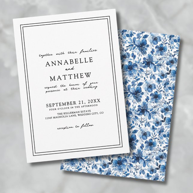 Blauer Botanischer Klassiker Hochzeit mit floraler Einladung (Blue Botanical Classic Elegant Floral Wedding Invitation)