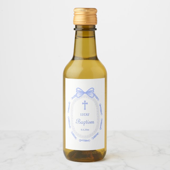 Blauer Bow Ribbon Rahmen Taufe Weinmarke Weinetikett (Vorderseite)