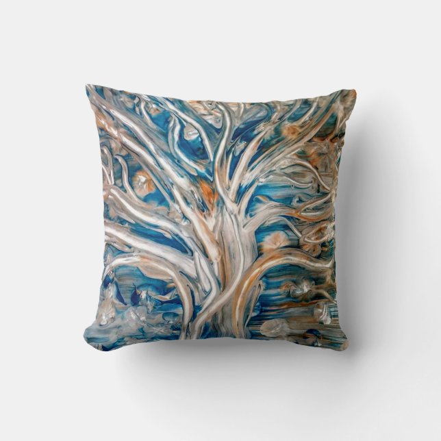 Blauer brauner Abstrakter Baum Kissen (Vorderseite)