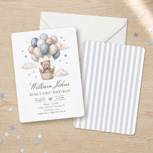 Blauer brauner Aquarell-Heißluftballon-Teddybär Einladung