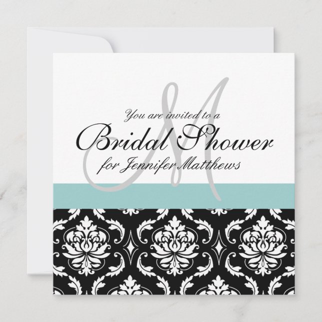 Blauer Brautparty Monogramm Damask Einladung (Vorderseite)