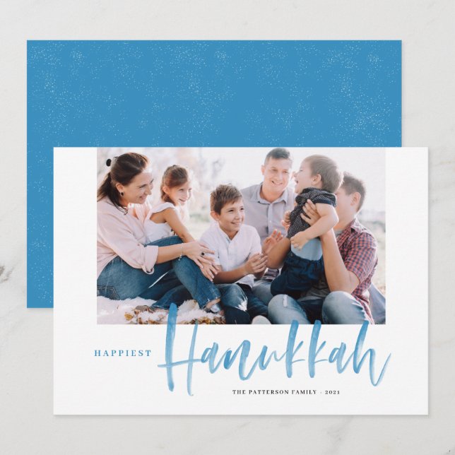 Blauer Brush Kalligrafie Happiest Hanukkah-Foto (Vorne/Hinten)
