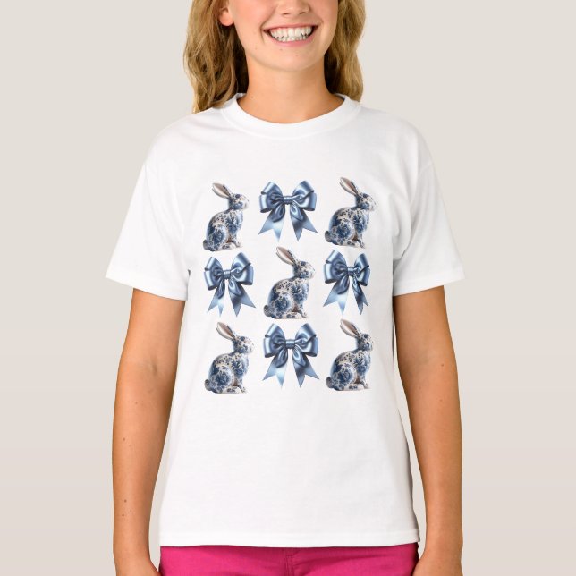 Blauer Bunnies und Bows T-Shirt (Vorderseite)