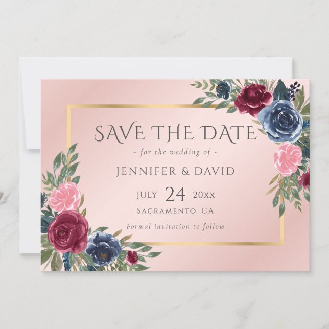 Blauer Burgund Blush Pink Gold Floral Save The Date (Vorderseite)