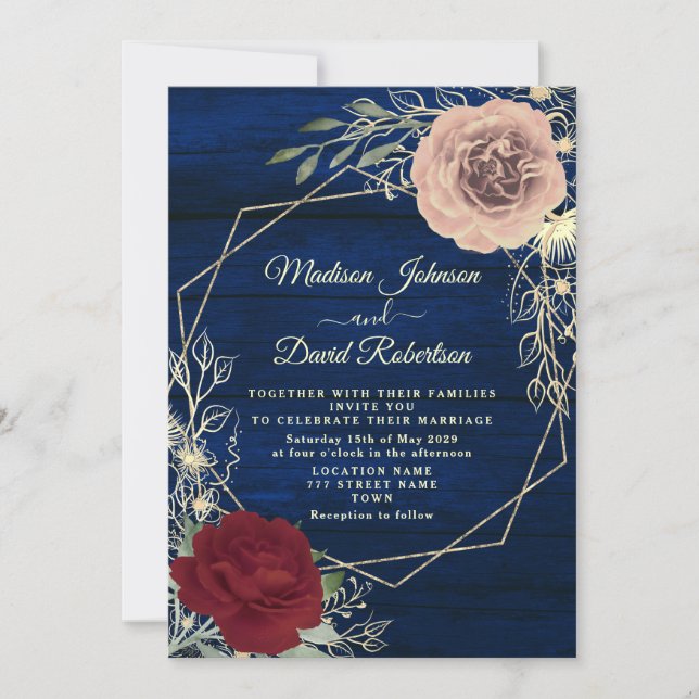 Blauer Burgund Blush Pink und Gold Hochzeit Einladung (Vorderseite)