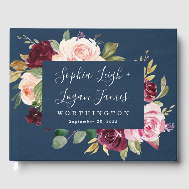 Blauer Burgund Gold Blush Pink Blues Hochzeit Gästebuch (Vorderseite)