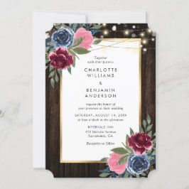 Blauer Burgund Pink Gold Rustikale Holzblume Einladung