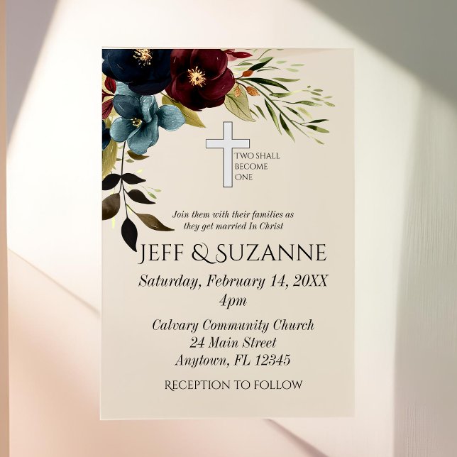 Blauer Burgunder Blumenkreuz zwei wird eins (Blue Burgundy Floral Cross Two Become One Vellum Invitations)