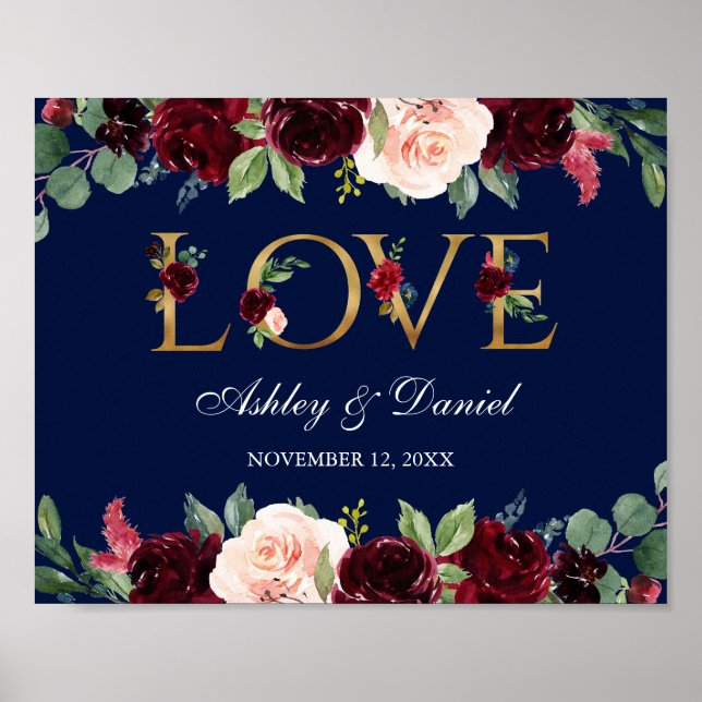 Blauer Burgunder Blütenblume Liebe Hochzeit Gold Poster (Vorne)