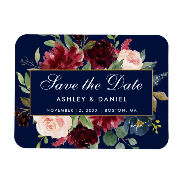 Blauer Burgundgoldblauer Burgund Save the Date Magnet (Horizontal)