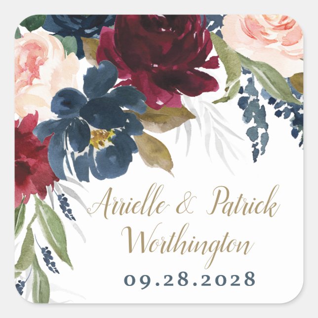 Blauer Burgundy Blush Pink Silver Gold Wedding Quadratischer Aufkleber (Vorderseite)