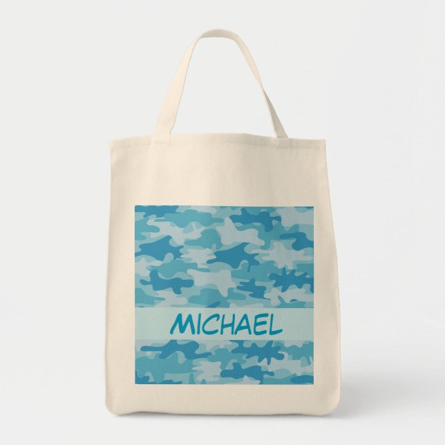Blauer Camouflage-Tarnungs-Name personalisiert Tragetasche (Vorne)