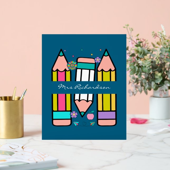Blauer Cartoon Lehrerin Bleistift-Poster Acrylschild (Hochzeit)