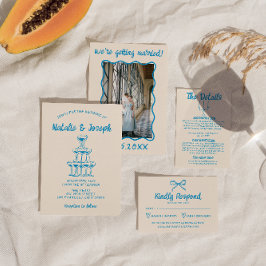 Blauer Champagnerturm Hochzeit in Handgezeichnetes Einladung