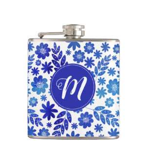Blauer China, Blütenmuster und Monogramm Flachmann