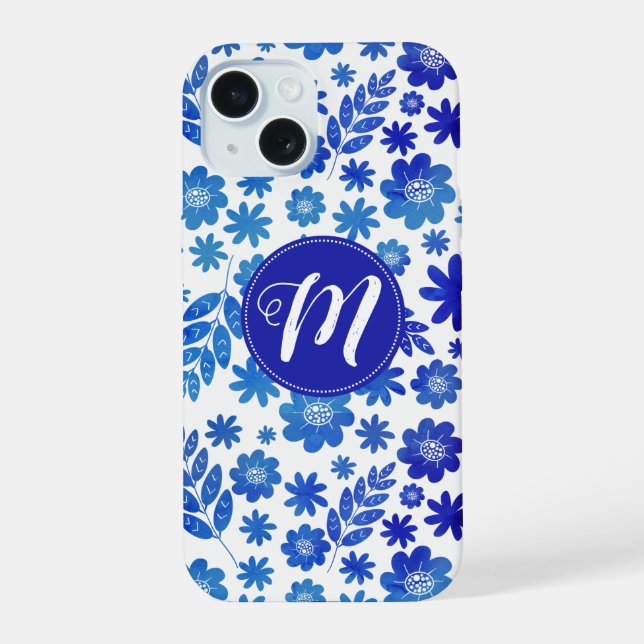 Blauer China, Blütenmuster und Monogramm iPhone 15 Hülle (Rückseite)
