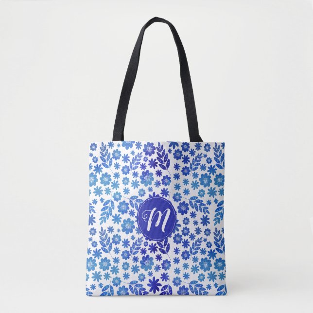 Blauer China, Blütenmuster und Monogramm Tasche (Vorderseite)