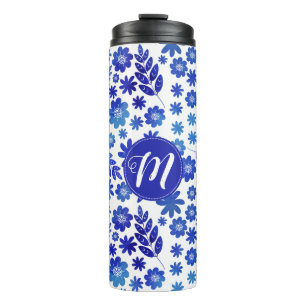 Blauer China, Blütenmuster und Monogramm Thermosbecher