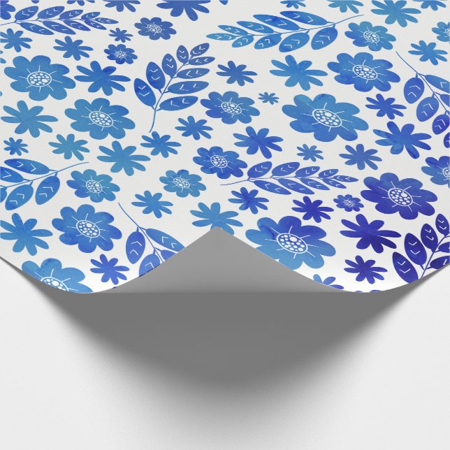 Blauer China Handgezeichnetes Blumenmuster Geschenkpapier (Ecke)