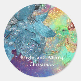 BLAUER CHRISTMAS STAR , ELEGANTER BLUME IN GLITZER RUNDER AUFKLEBER