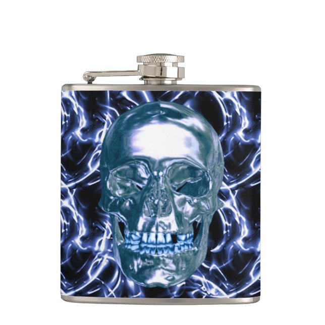 Blauer Chrome-Skull-Flasche Flachmann (Vorderseite)