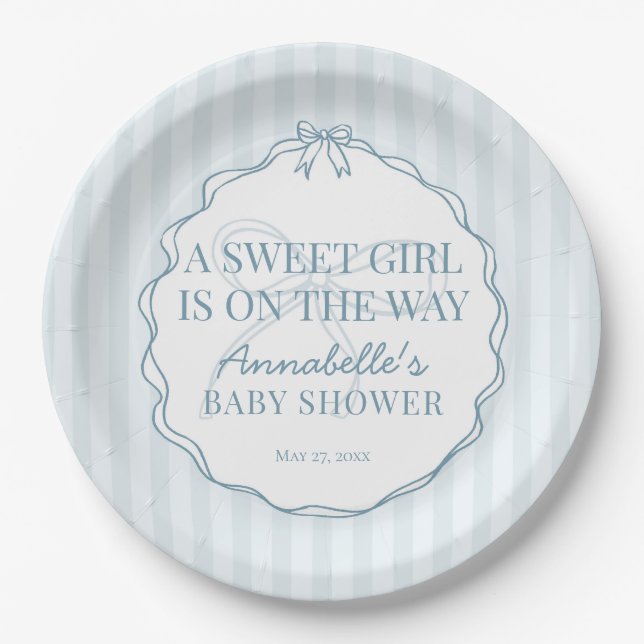 Blauer Coquette Bow Pastel Babydusche Tischdekorat Pappteller (Vorderseite)