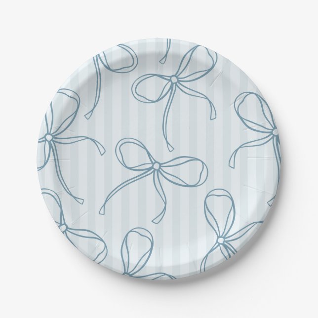 Blauer Coquette Bow Pastellfarben Streifen Tischde Pappteller (Vorderseite)