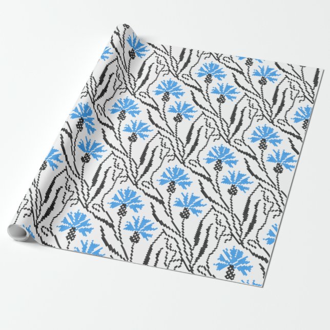 Blauer Cornflower-Kreuzstich-Design Geschenkpapier (Ungerollt)