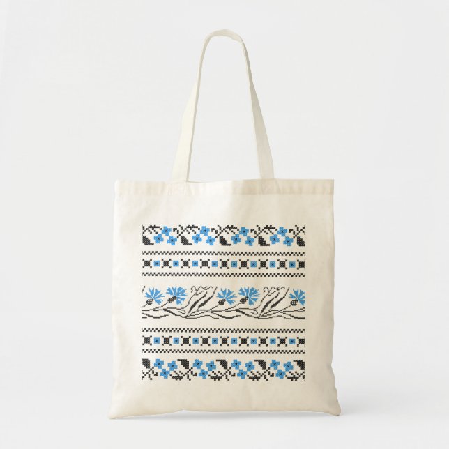 Blauer Cornflower-Kreuzstich-Design Tragetasche (Vorne)