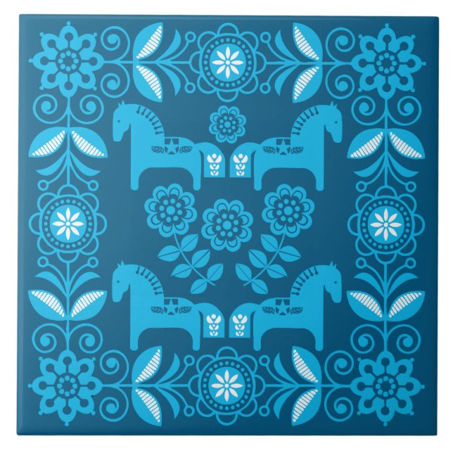 Blauer Dala Schwedischer Pferdedruck Fliese (Vorderseite)