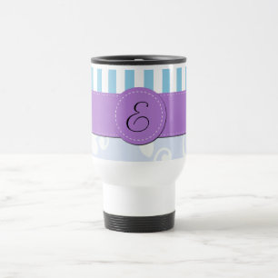 Blauer Damast, blaue Streifen, Streifen, Monogramm Reisebecher
