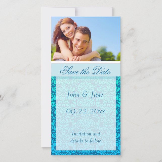 Blauer Damast/Foto "Save the Date" Save The Date (Vorderseite)