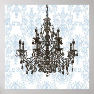 Blauer Damast-Kronleuchter-Wandkunst-Druck Poster
