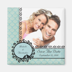Blauer Damast-Liebe-Vogel-Foto-Save the Date Magnet
