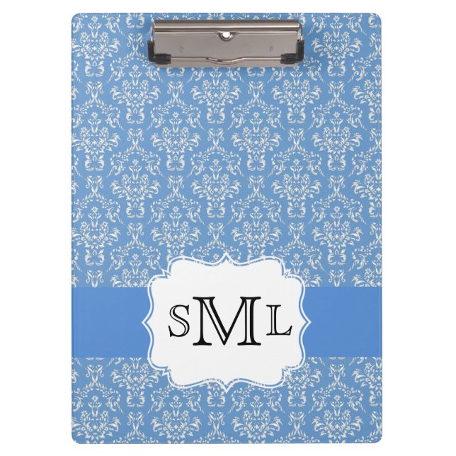 Blauer Damast-Monogramm-Clipboad nach Maß Klemmbrett (Vorderseite)