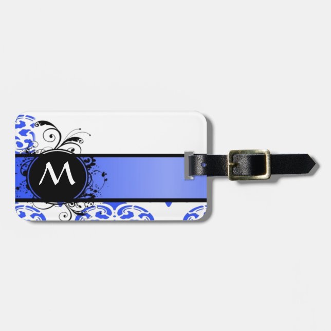 Blauer Damast Muster und Monogramm Gepäckanhänger (Vorderseite horizontal)