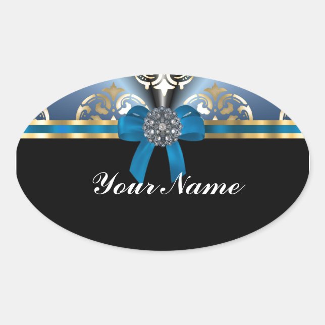 Blauer Damast Ovaler Aufkleber (Vorderseite)