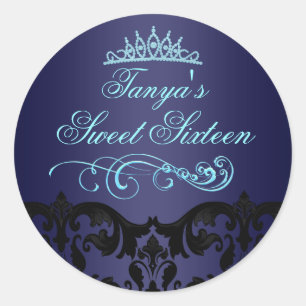 Blauer Damast & Swirl Sweet 16 Umschlag-Aufkleber/ Runder Aufkleber