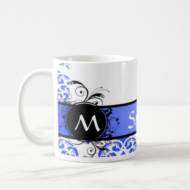 Blauer Damast und Monogramm Kaffeetasse (Links)