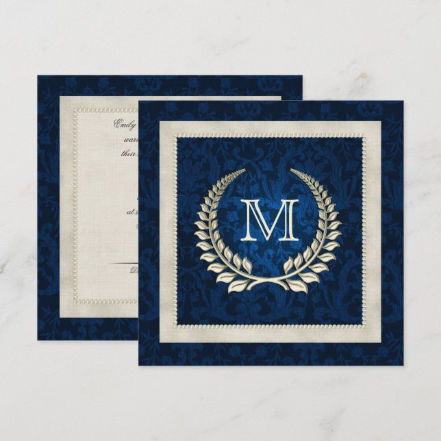 Blauer Damast und Perlen Einladung zur Hochzeit (Vorne/Hinten)