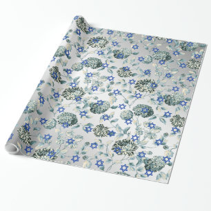 Blauer Davidsstern Silbernes grünes BlumenToile Geschenkpapier