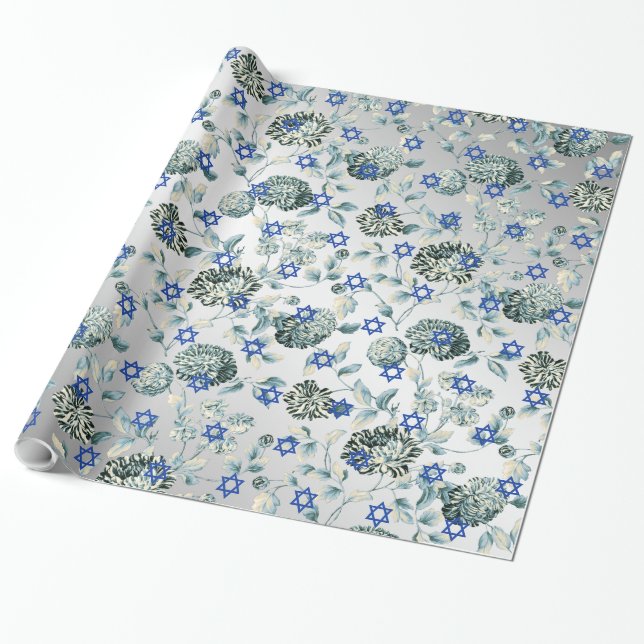 Blauer Davidsstern Silbernes grünes BlumenToile Geschenkpapier (Ungerollt)